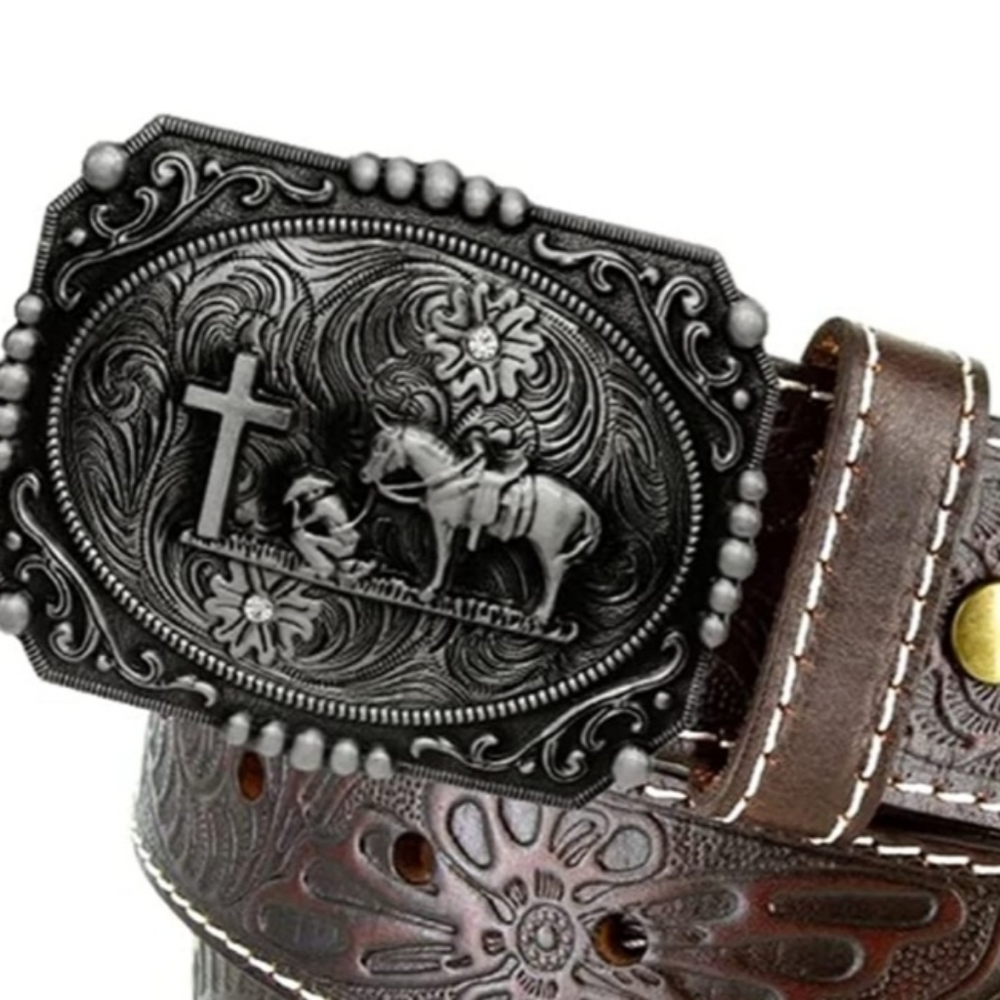 COPY - New cowboy man kneeling and praying with horse at cross Belt buckle